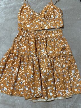 SHEIN Mustard Floral Tiered Dress with White Blossoms